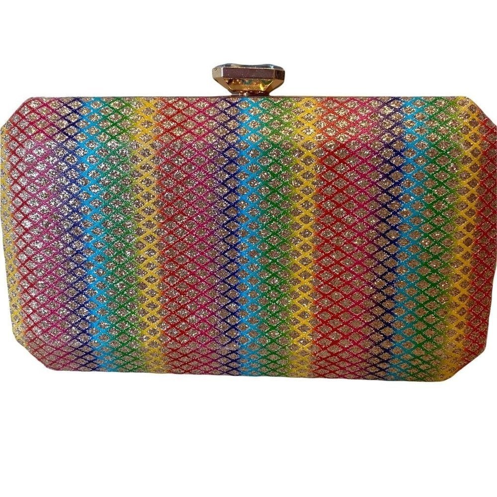 Alessia Womens Rainbow Crossbody Clutch Multicolor Geometric Clasp Glitter S New